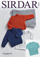 Sirdar 4945 uses Snuggly DK yarn to knit these sweaters and blanket. Uses #3 weight yarn. Sizes birth to 7 years.
